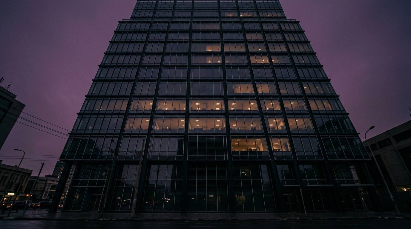 Illustration : immeuble de bureaux au crépuscule
